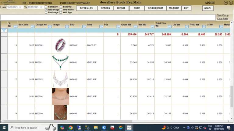 Jewellery Stock Register screenshot