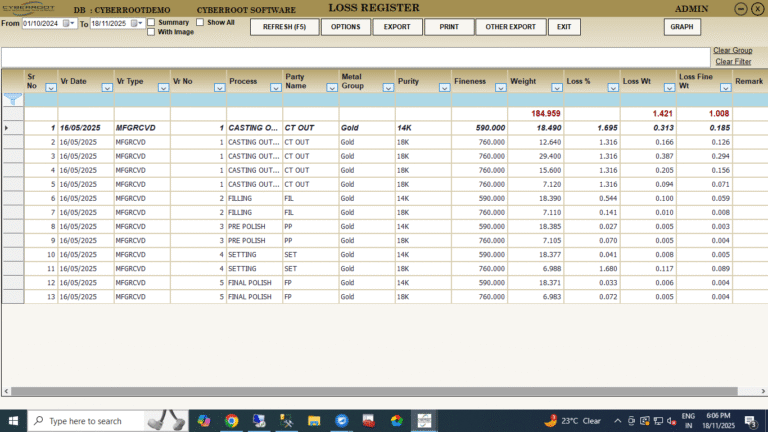 Metal Loss Register screenshot